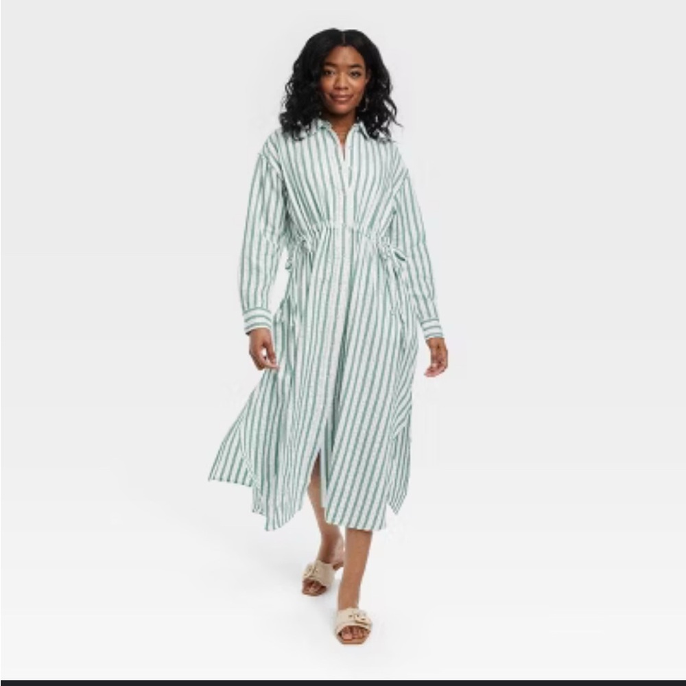 Universal Thread Green and White Long Sleeve Shirt Dress